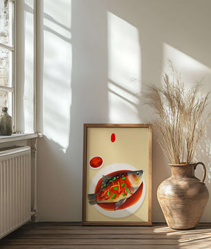 Illustration of a colorful fish dish with garnish