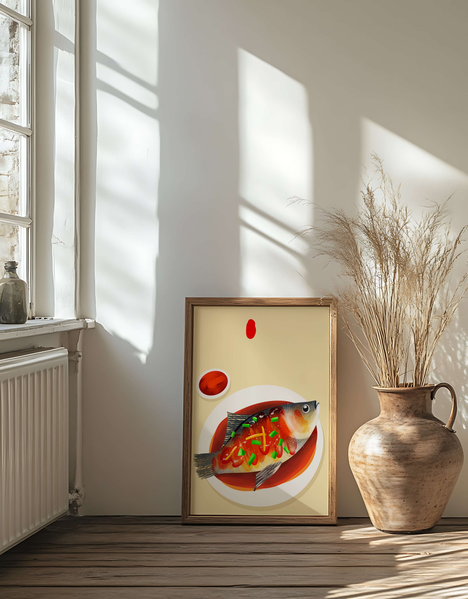 Illustration of a colorful fish dish with garnish