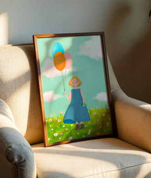 Girl with balloons in a field of daisies under a blue sky