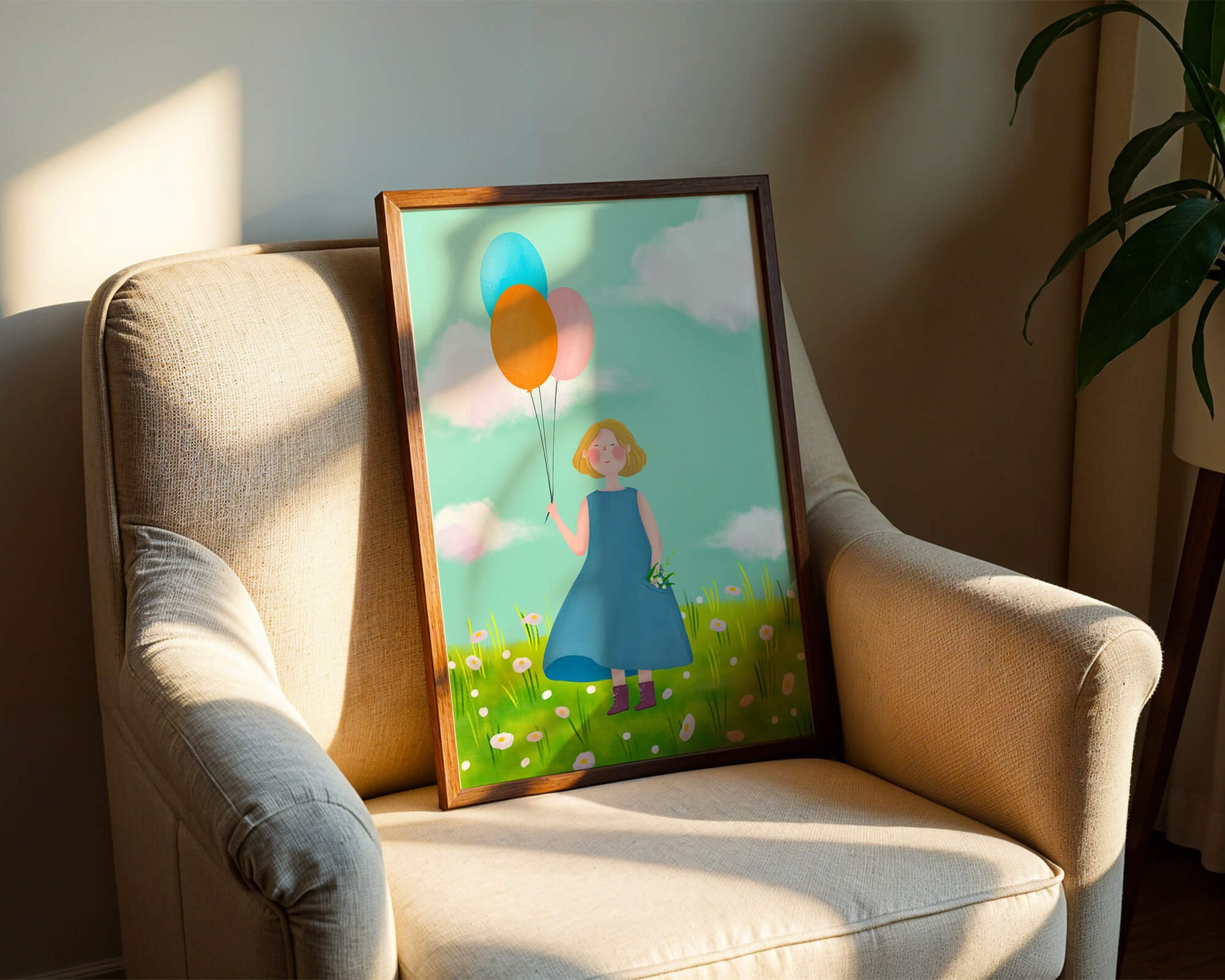 Girl with balloons in a field of daisies under a blue sky