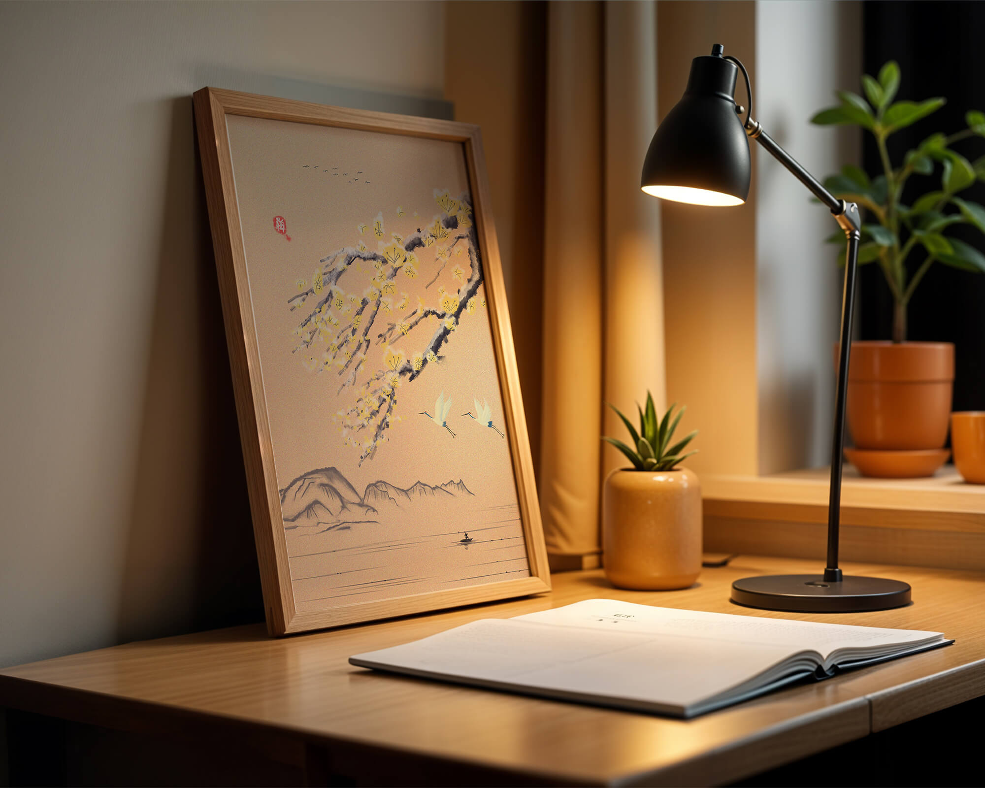 Tranquil landscape with blooming branches and flying cranes
