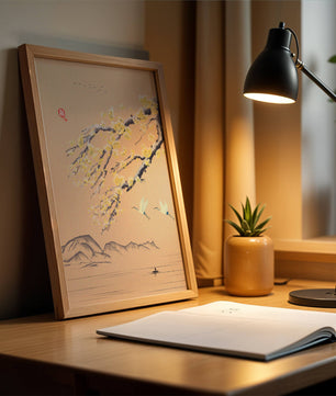 Tranquil landscape with blooming branches and flying cranes