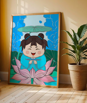 Whimsical illustration of a joyful child with lotus and umbrella
