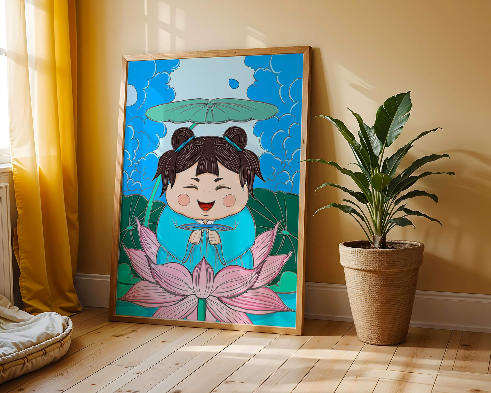 Whimsical illustration of a joyful child with lotus and umbrella