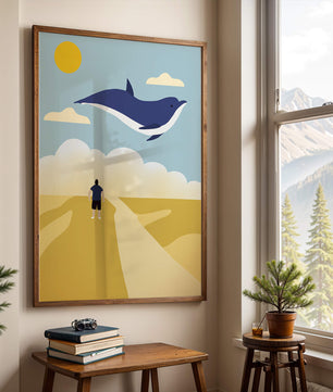 Surreal Landscape with Flying Blue Whale and Human on Desert Path