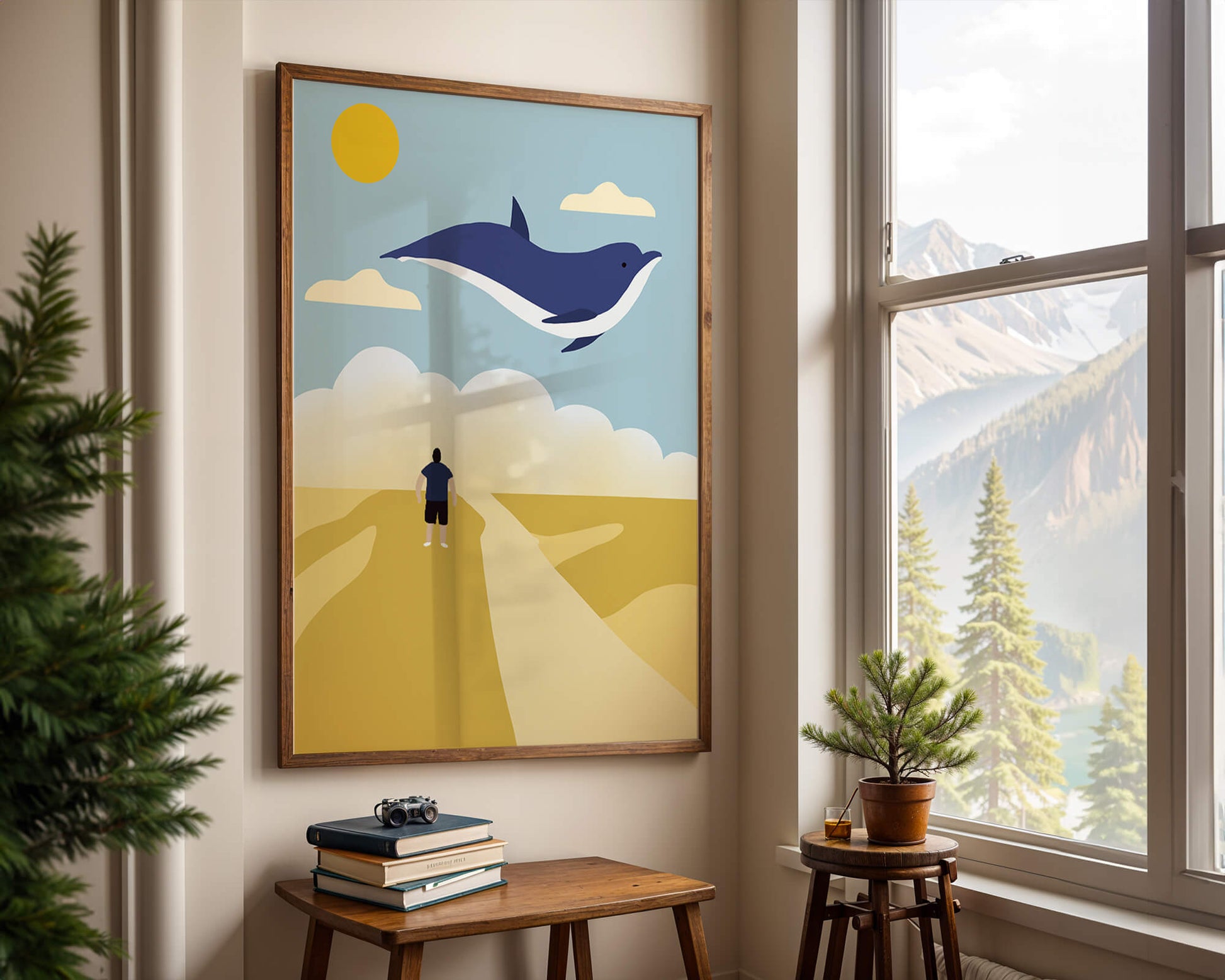 Paisaje surrealista con ballena azul voladora y humano en camino desértico