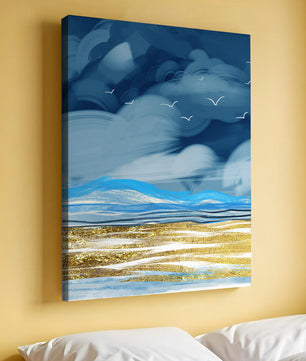 Dynamic Ocean Waves Under Cloudy Sky With Seagulls And Gold-Tinted Sand