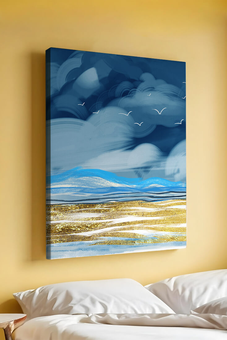 Dynamic Ocean Waves Under Cloudy Sky With Seagulls And Gold-Tinted Sand