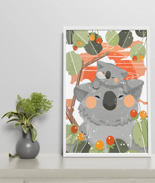Koalas dans un cadre naturel vibrant aux tons orange et verts