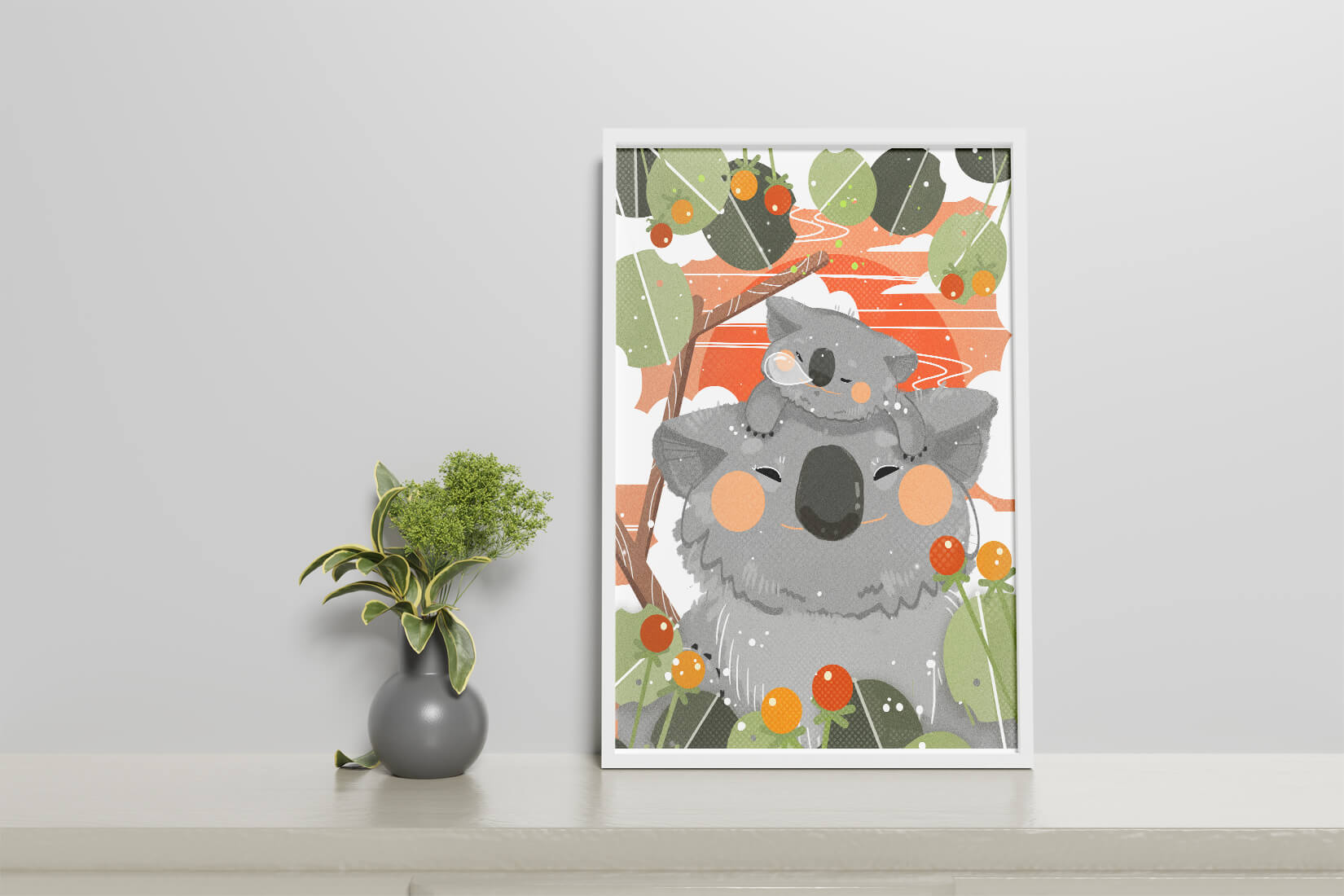 Koalas in a Vibrant Nature Setting with Orange and Green Tones