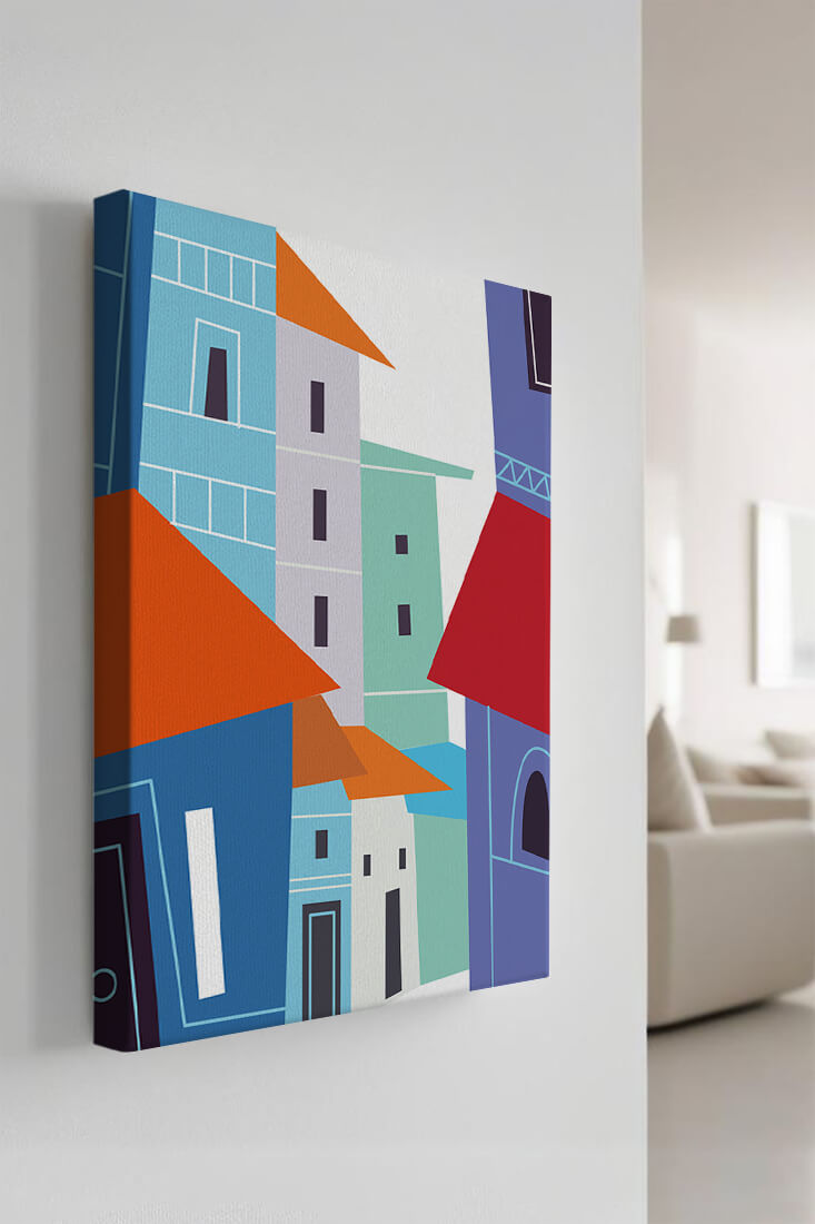 Colorful abstract cityscape with geometric buildings