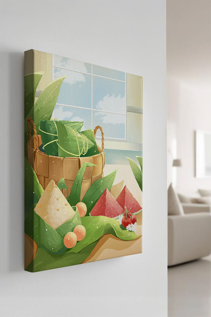 Serene kitchen scene with basket of fruits and leaves