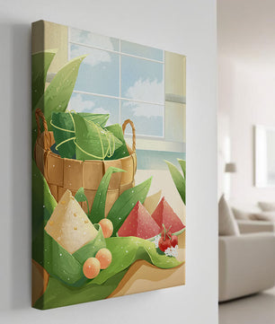 Scène de cuisine sereine avec un panier de fruits et de feuilles