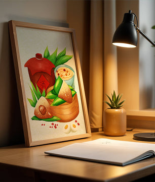 Illustrated traditional Chinese food with zongzi and rice wine