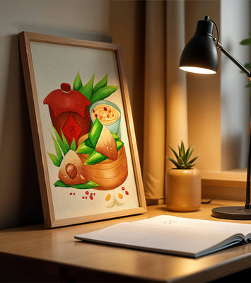 Illustrated traditional Chinese food with zongzi and rice wine