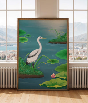 Serene wetland scene with white crane and water lilies