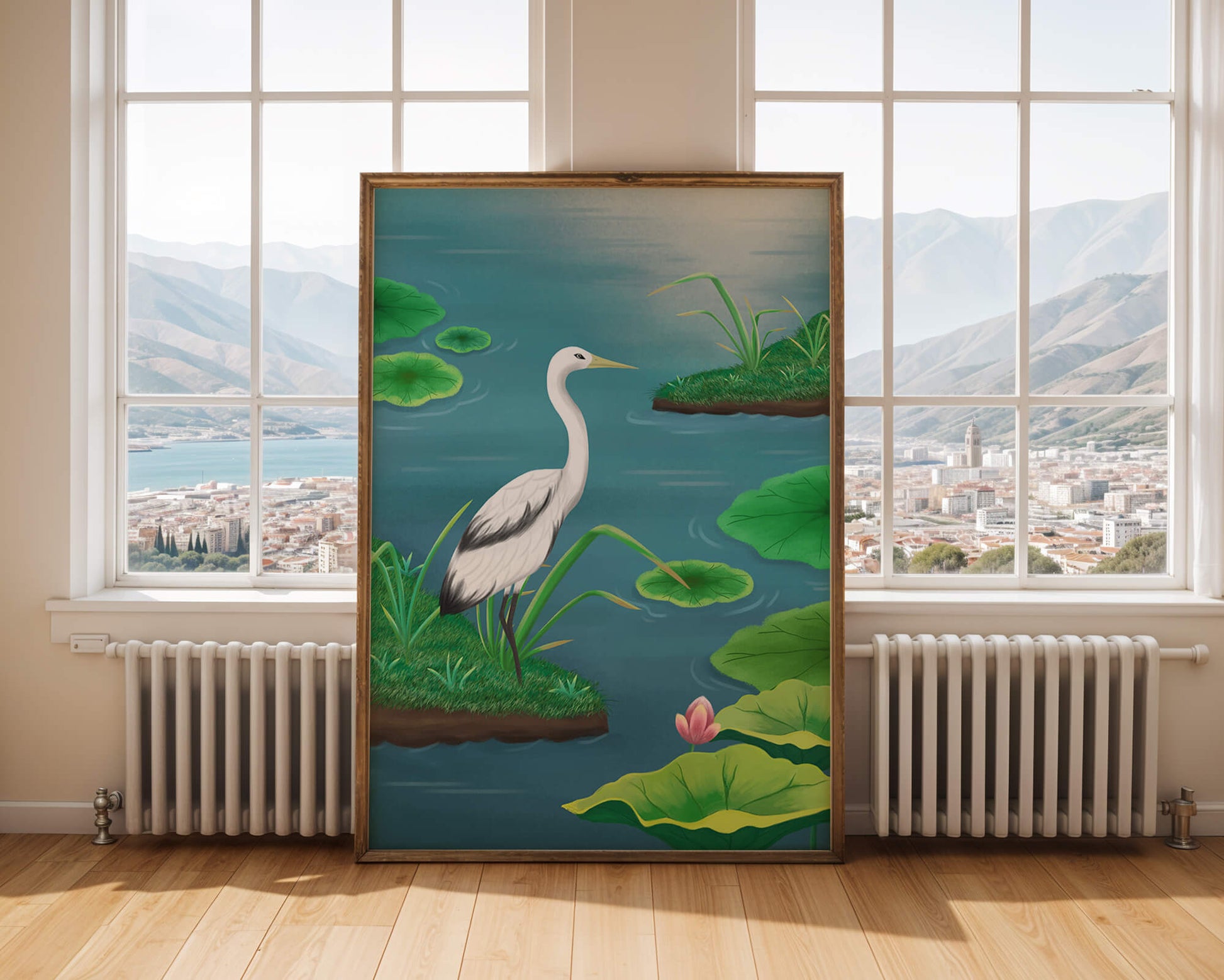 Serene wetland scene with white crane and water lilies