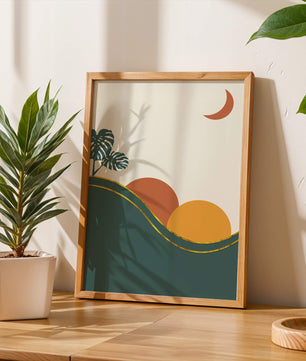 Minimalist Landscape With Mountains And Monstera Leaves At Sunset - Mi tienda