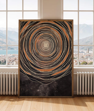 Espiral cósmica abstracta con patrones ovalados concéntricos y fondo estrellado