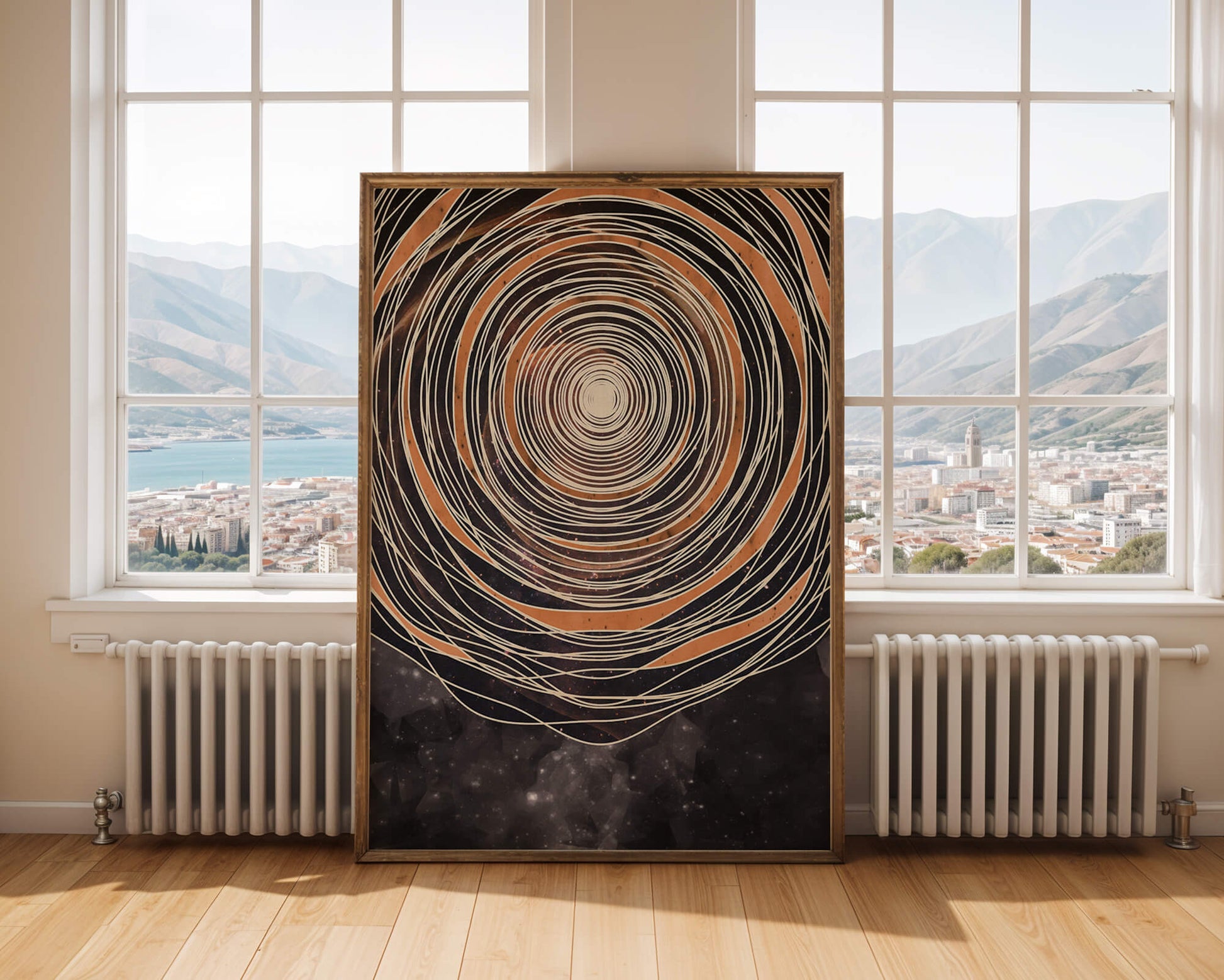 Abstract cosmic spiral with concentric oval patterns and starry background