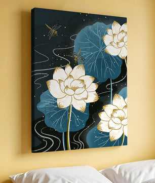 Elegant lotus flowers with dragonflies on a starry night background