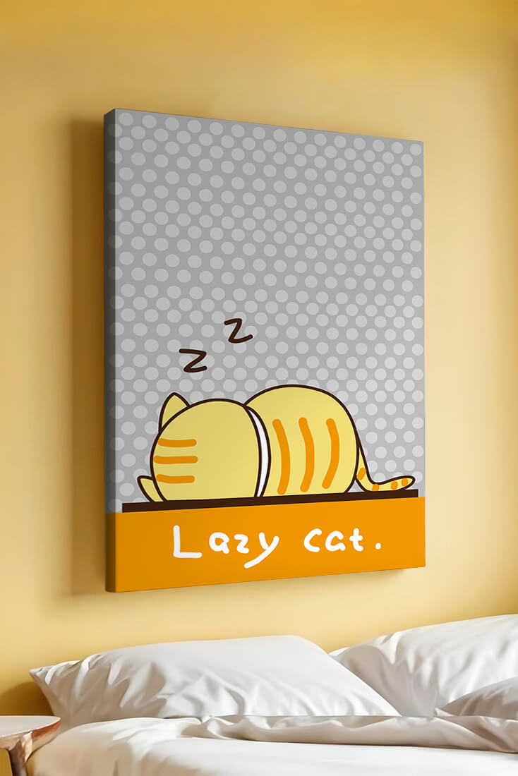 Sleeping cartoon cat with polka dot background