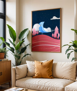 Colorful Night Scene with Blue Bird Under Starry Sky - Mi tienda