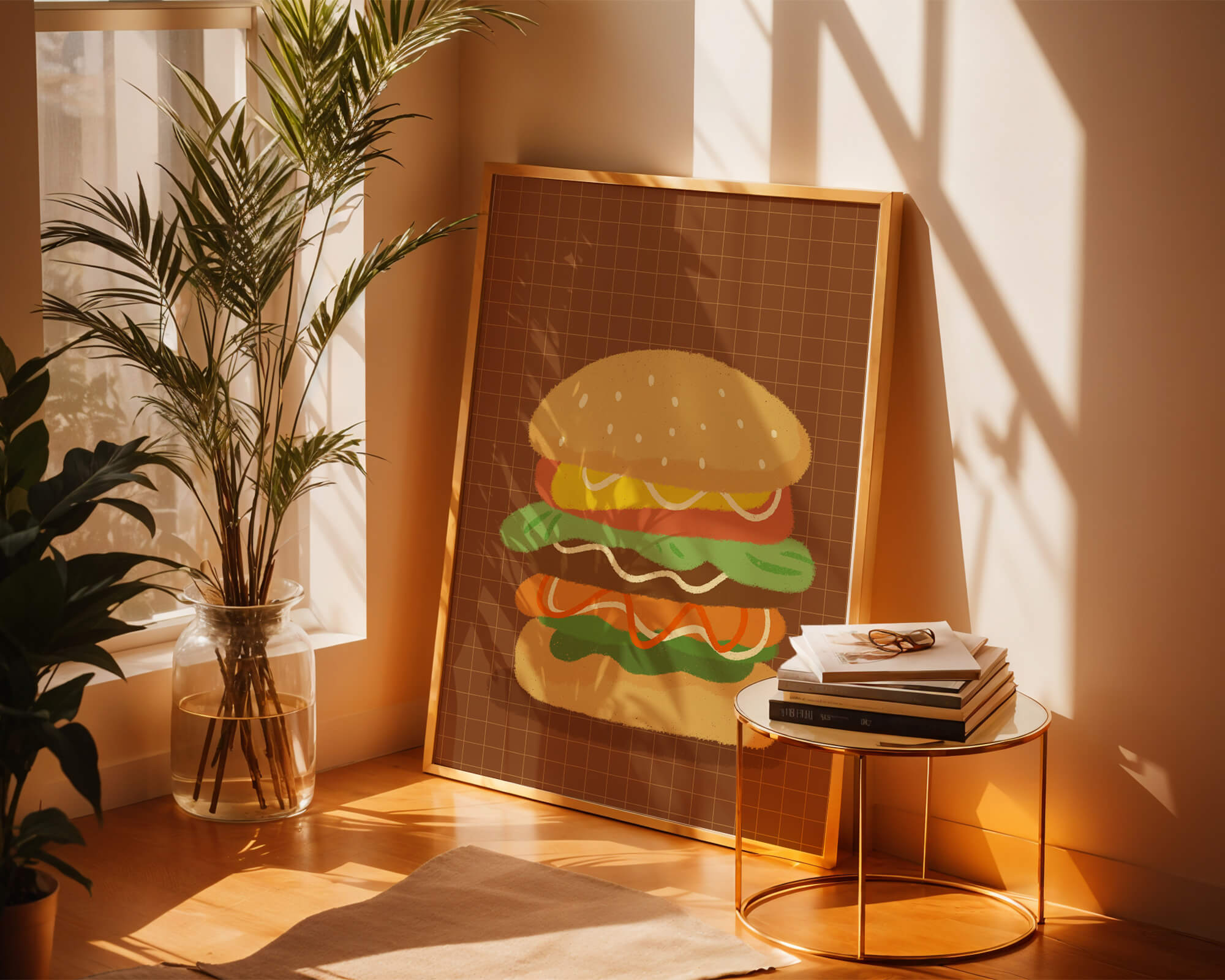 Illustrated cheeseburger with colorful layers on a grid background