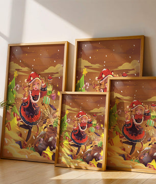 Festive anime character surrounded by gifts and holiday decor