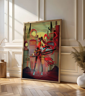 Futuristic warrior in a cyberpunk cityscape with swords and red accents