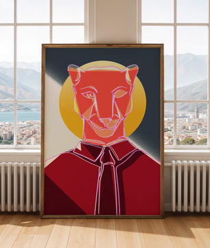 Arte de Puma Geométrico Colorido con Círculo Dorado