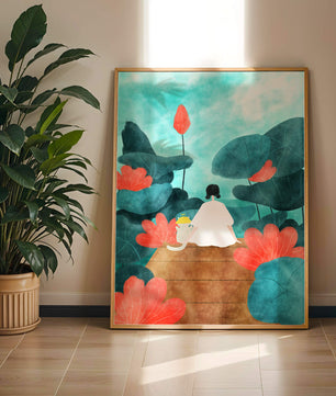 Serene scene with a person and cat among large leaves and flowers