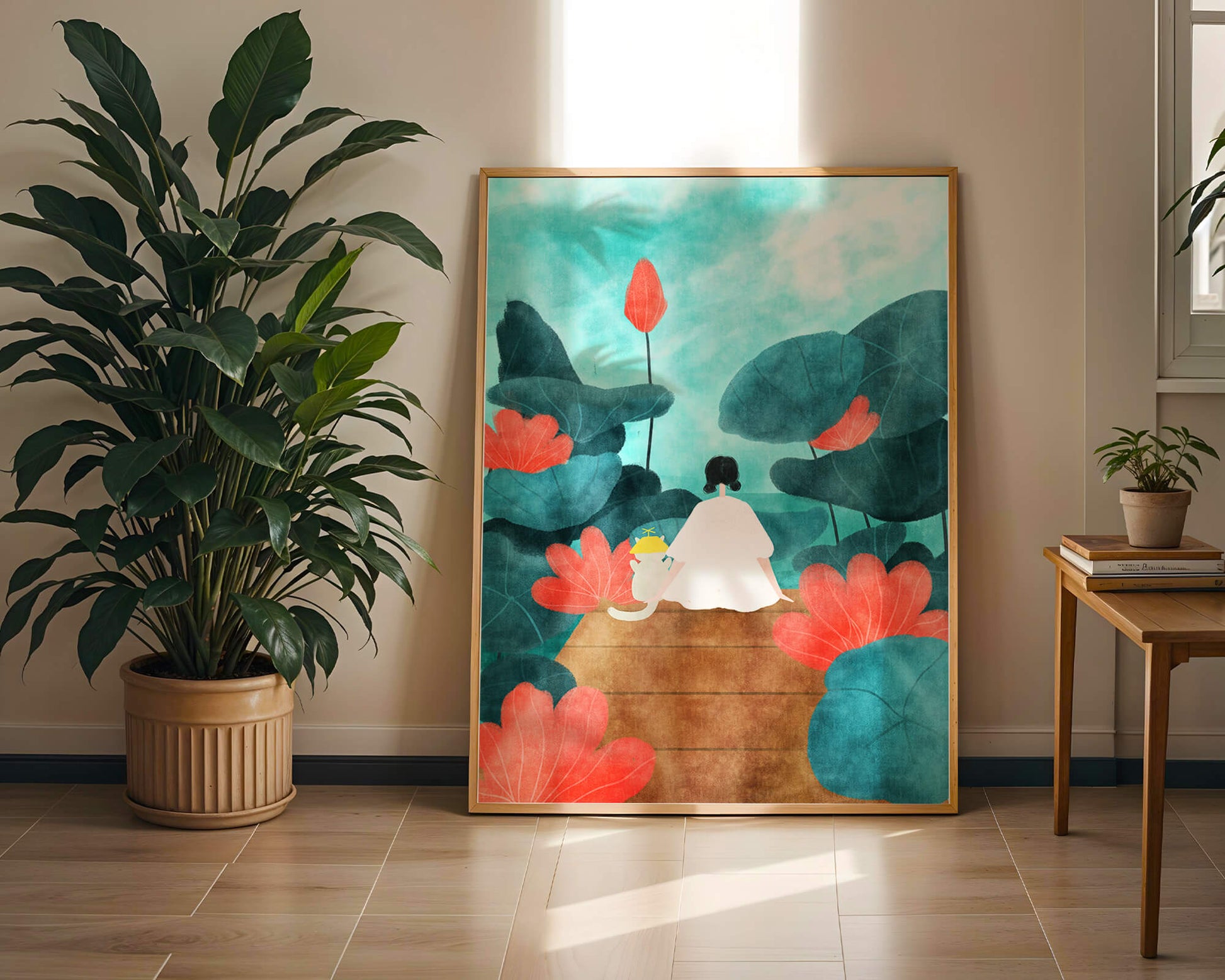 Serene scene with a person and cat among large leaves and flowers