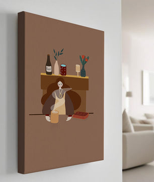 Escena acogedora con mujer junto a la chimenea y elementos decorativos