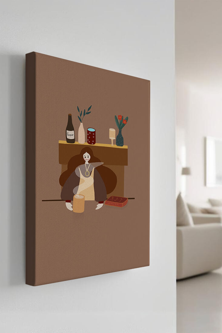 Escena acogedora con mujer junto a la chimenea y elementos decorativos