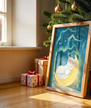 Cat sleeping on the moon in an enchanted forest under the starry sky