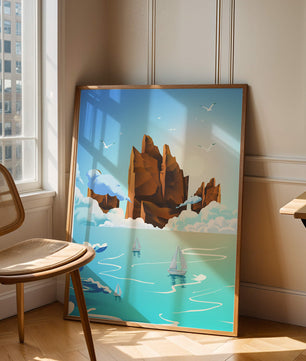 Majestic Sea Cliffs and Sailboats in Serene Landscape