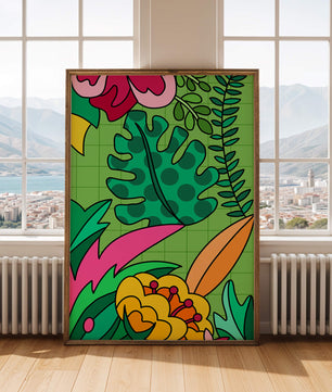 Colorful botanical illustration with vibrant tropical elements