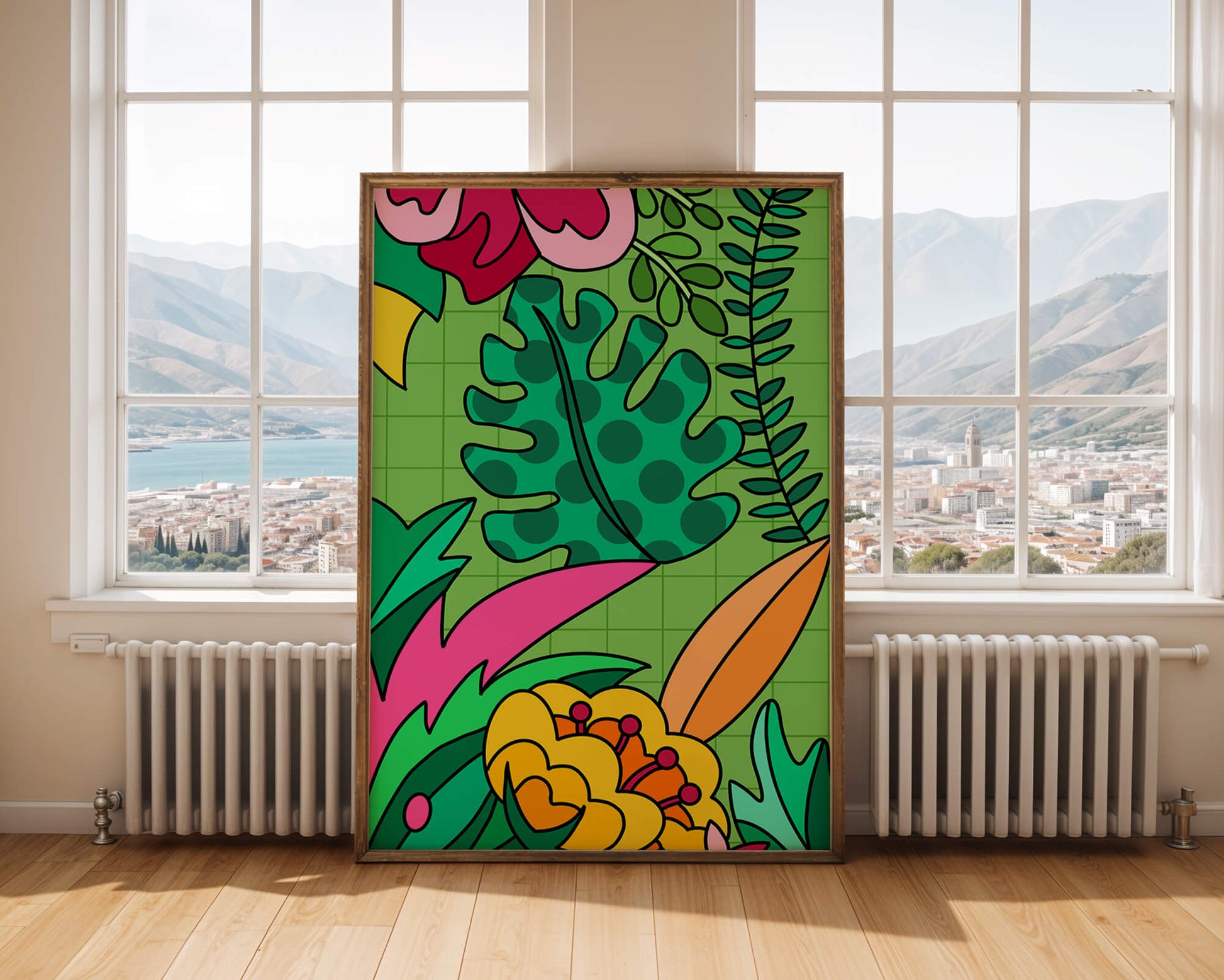 Colorful botanical illustration with vibrant tropical elements