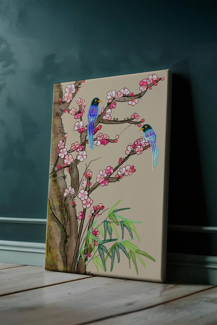 Illustration sereine d’oiseaux sur des branches en fleurs avec des feuilles de bambou