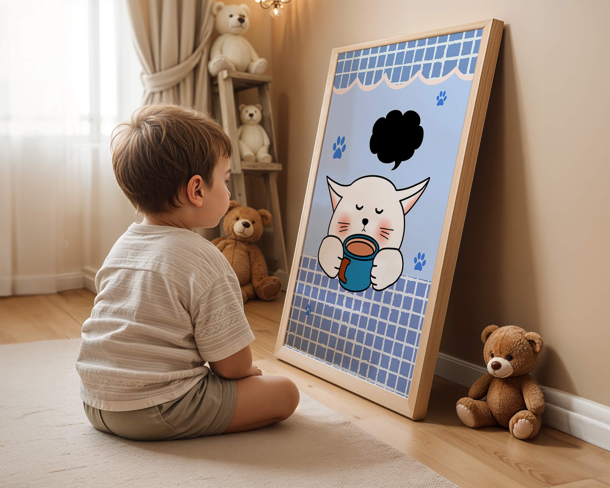 Cute cartoon cat with mug and speech bubble on blue background
