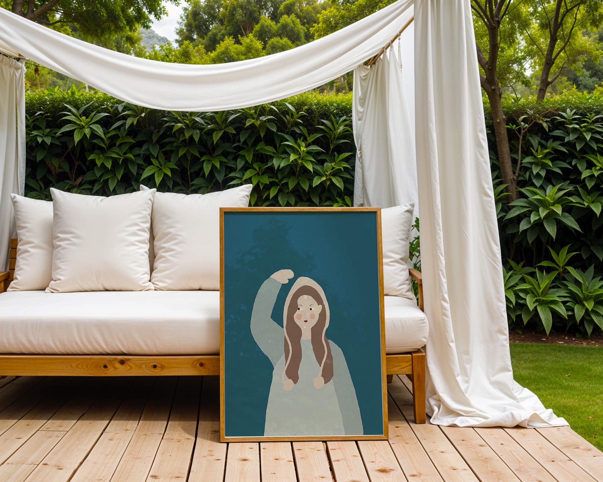 Illustrated girl with hoodie on teal background