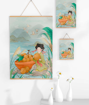 Paisaje sereno con una chica y una cesta de naranjas junto al agua