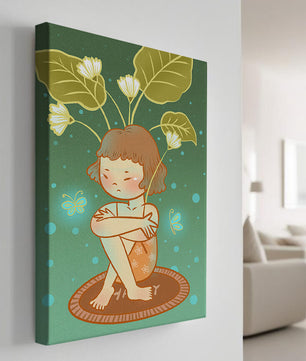 Ilustración de un niño con tocado floral y mariposas