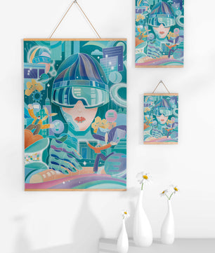Futuristic digital art with virtual reality and technology themes
