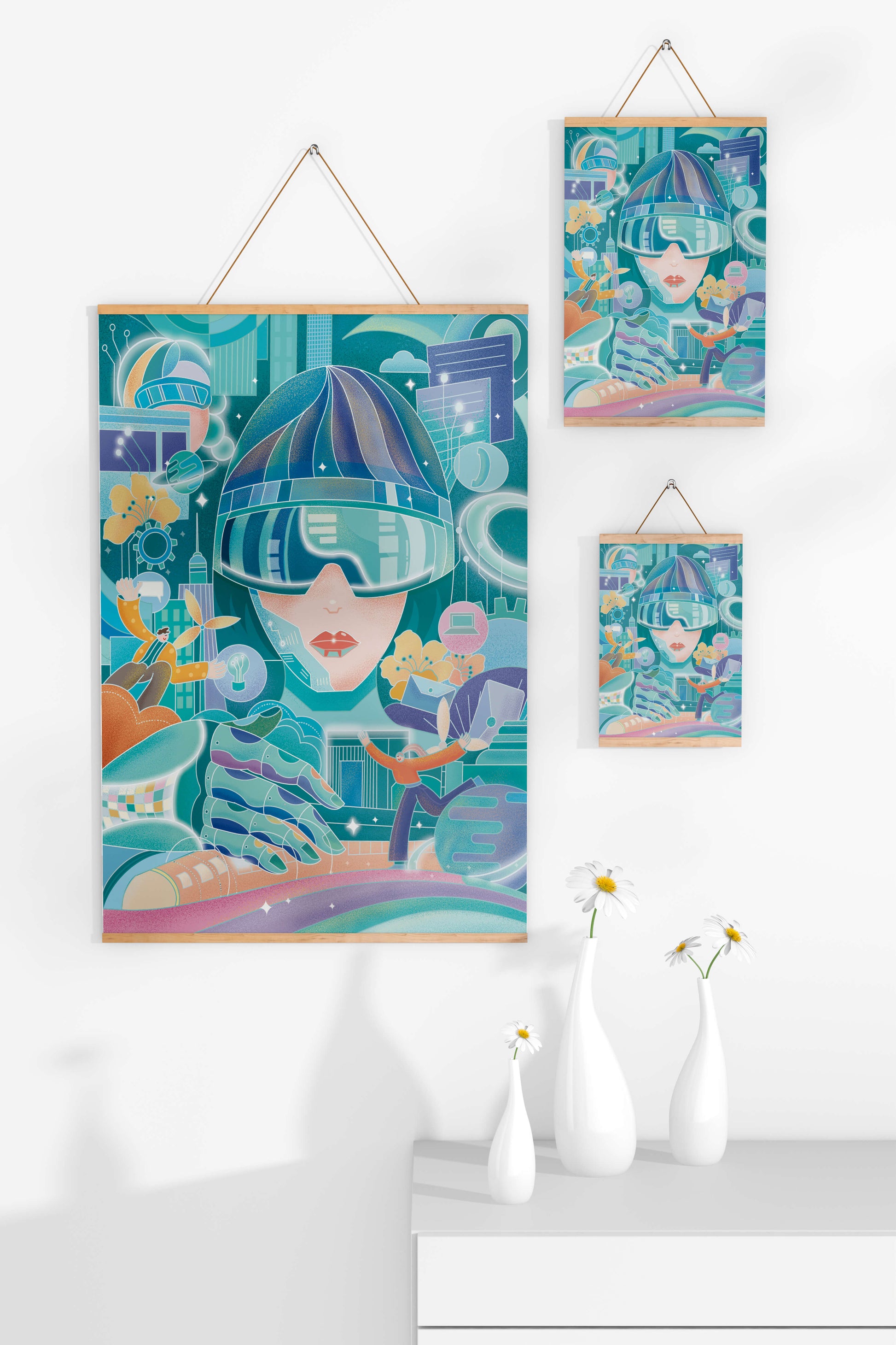 Futuristic digital art with virtual reality and technology themes
