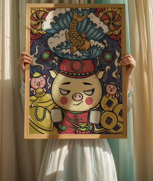 Colorful illustration featuring a whimsical pig and koi fish with decorative elements
