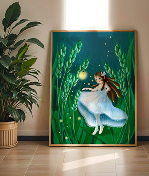 Enchanting fairy in magical wheat field at night
