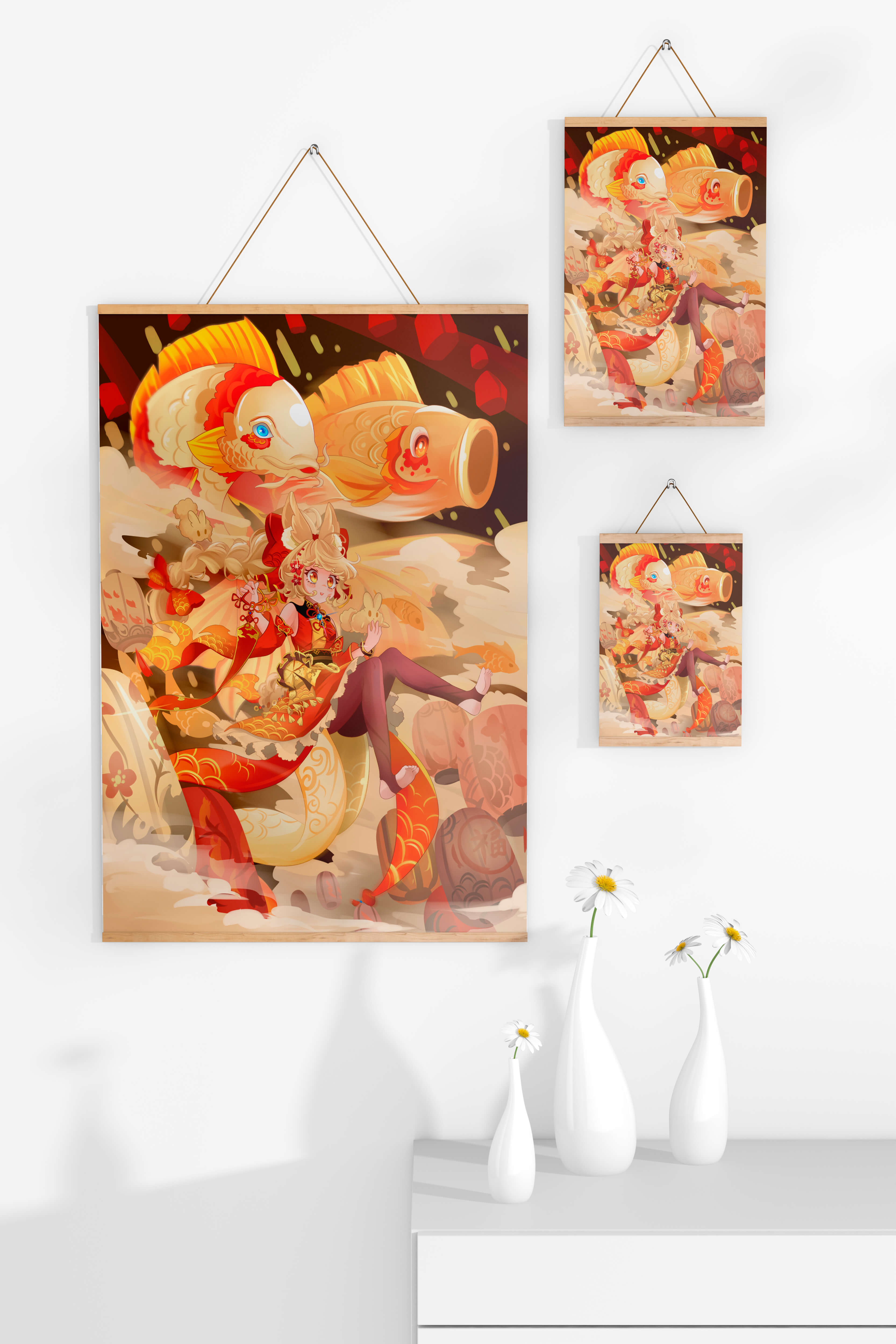Vibrant anime character with mythical koi fishes and lanterns in dynamic scene