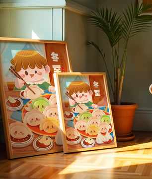 Festive cartoon illustration of a child enjoying dumplings during winter solstice